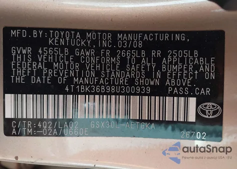 2008 Toyota Avalon Xls z USA, uszkodzony, nr VIN 4T1BK36B98U300939